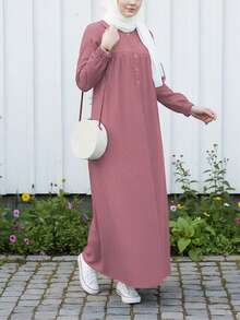 Solid Color Round Neck Half-Button Front Long Dress, Casual Elegant All-Season Dress Fall - Dusty Pink - View 4