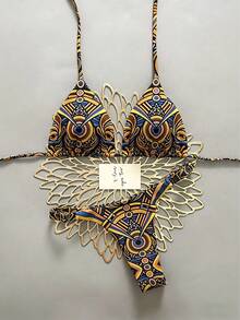 2pcs Casual Elegant Sexy Bohemian Floral Print Tie-Up Braided Bikini Swimwear, Suitable For Beach Vacation In Spring/Summer - Multicolor - View 1
