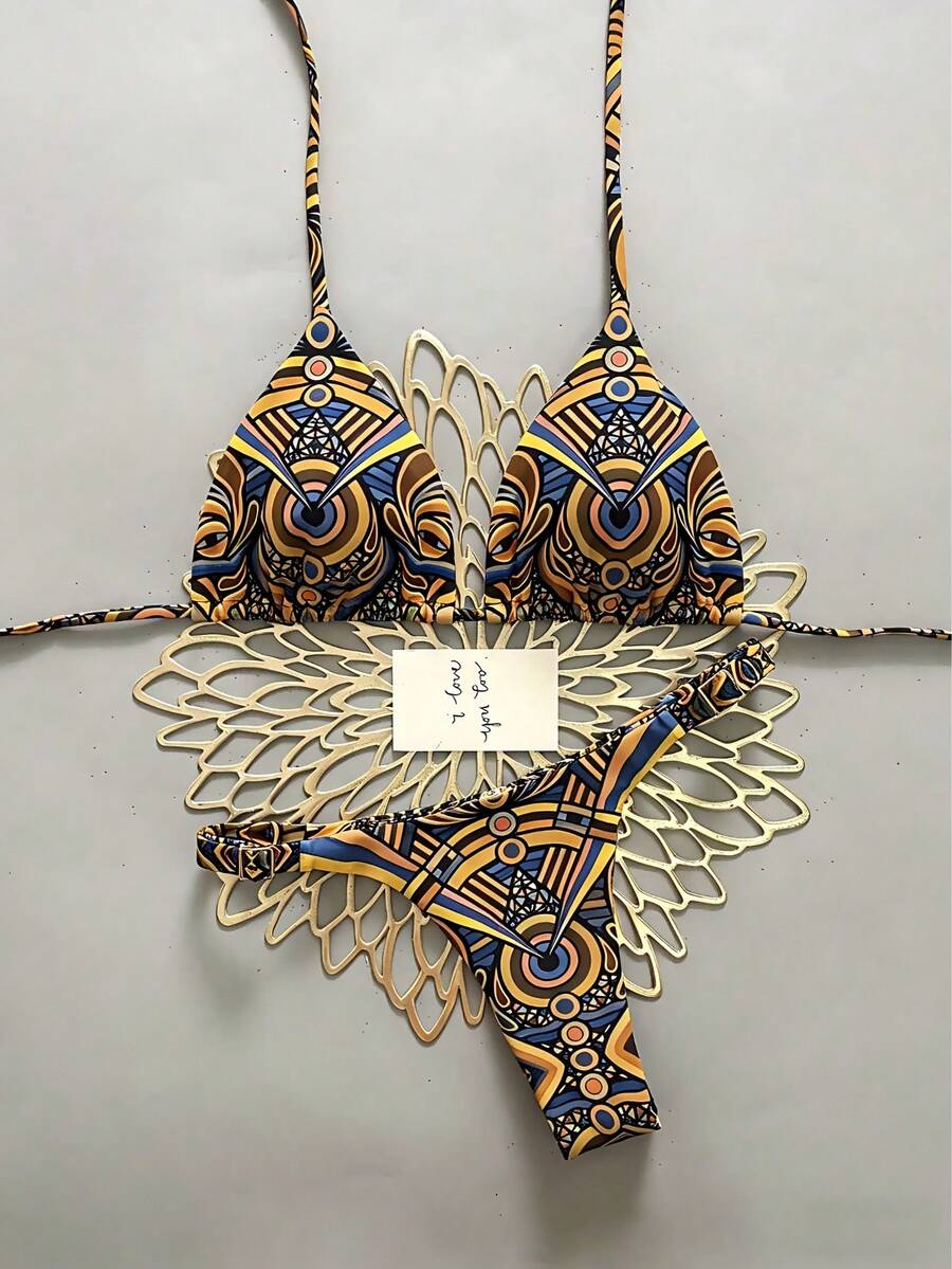 2pcs Casual Elegant Sexy Bohemian Floral Print Tie-Up Braided Bikini Swimwear, Suitable For Beach Vacation In Spring/Summer - Multicolor - View 1