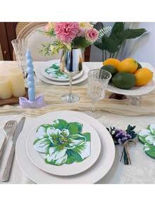 20pcs Pink/Green Flower Hollow Out Disposable Napkins, Colorful Printed Paper Napkins, 13x13 Inches, Suitable For Wedding, Birthday Party Decoration, Baby Shower Party Decoration, Home Gathering Restaurant Hotel Tableware Supplies, Holiday Party Table Napkins - Multiple Styles - View 3