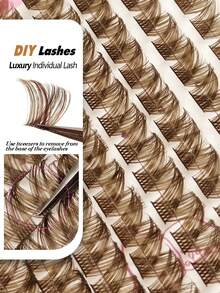 Rikuaild 120pcs D-Curl Soft Brown Fluffy Cluster Lashes, Fluffy Brown Cluster Lashes, Single Natural Brown Lash Extension, Single Soft Fan-Shaped Lashes, DIY Home Lash Extension - D - Xem 2
