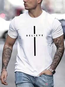 Camiseta de Hombre con Estampado BELIEVE - Negra con Estampado Blanco, Corte Regular, Casual de Verano, Manga Corta, Lavable a Máquina, Diseño Estilo Urbano, Tela Sencilla y Cómoda, Camiseta Ligera, Esencial para la Moda Urbana. - Negro - Ver 8