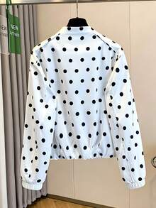 女士波点外套，春夏款，浪漫缎面波点设计，时尚漏斗领，褶皱下摆，时尚休闲通勤度假风波点外套 - 黑與白 - 查看 4
