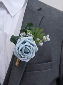 1件/2件裝奢華玫瑰花配仿真綠植，浪漫胸花與手腕花飾，適合新郎、新娘、伴郎、伴娘 - 淺藍色 - 查看 7