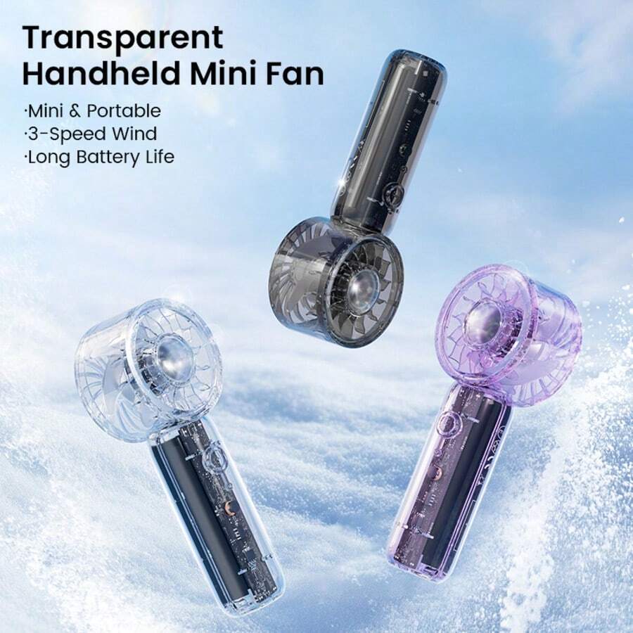 High Capacity Battery Turbo Handheld Fan New Transparent Portable Mini Fan Hook Handheld Desktop Turbo Fan USB Rechargeable Fan 3 Speed Hand Fan For Travel Camping Outdoor Adventures Cold Compress Fans