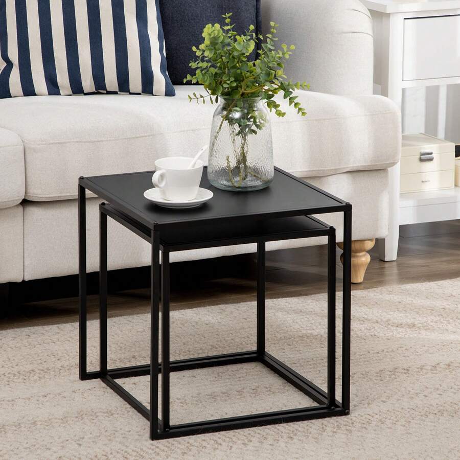Set Of 2 Coffee Tables, Side Tables, Modern Design, Steel Frame, Up To 10 Kg, Black, 120 X 59 X 45 Cm, For Living Room - Black - View 1