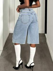 Quần lửng denim nữ rách gấu không đối xứng, kiểu dáng thường ngày mùa hè. - Rửa nhẹ - Xem 4