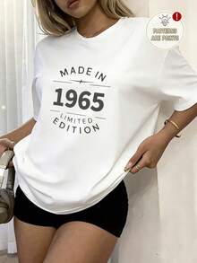 Women's Vintage Made In 1965 Limited Edition T-Shirt, Short Sleeve Drop Shoulder Knitted Fabric Casual Round Neck Tee,Outdoor,Y2K,Streetwear,Cotton - White - View 4