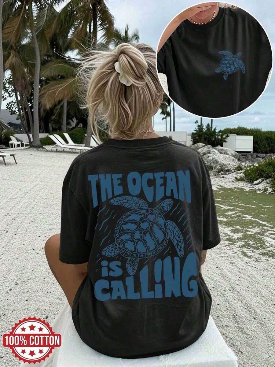 Women's Classic Summer T-Shirt [Double-Sided Print], Casual Loose Fit, Vintage Turtle Print, Waves, THE OCEAN CALLS, Crew Neck, Short Sleeve, Drop Shoulder, Oversized Cotton T-Shirt [Best Seller 1]% Cotton, Summer T-Shirts - 黑色 - 查看 1