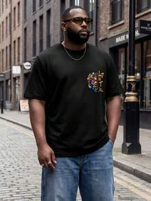 Chinese Style Lion Print Short Sleeve T-Shirt, American Streetwear Loose Plus Size Half Sleeve, Summer Brand Versatile Top - Black - View 4