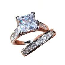 Bộ 2 nhẫn đính hôn cho nữ, 9.7g bạc sterling 925, kiểu dáng cổ điển 4 chấu, đá zirconia tổng hợp hình vuông, trang sức cầu hôn thanh lịch cho cô dâu. - Vàng - Xem 6