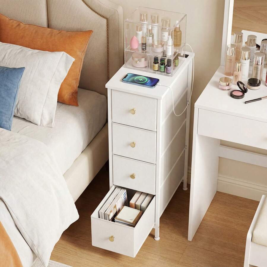 Tomnk 4 Drawer Slim Fabric Storage Tower, Narrow Nightstand Dresser For Small Spaces, White Vertical Storage Cabinet For Bedroom Bathroom Closet Laundry - 白色-4抽 - 查看 1