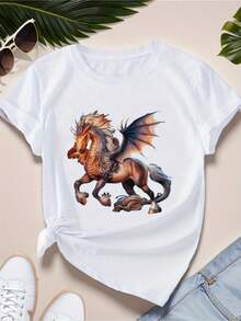 Women's T-Shirt With A Mystical Creature Print, Horse And Dragon, Short Sleeves - X - White - View 7