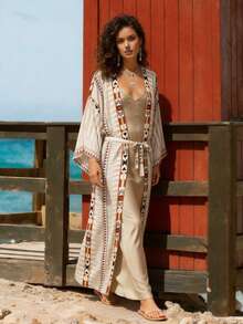 Áo khoác ngoài bikini in họa tiết phong cách Bohemian 2026, váy dài thanh lịch thắt eo dành cho nữ, trang phục đi biển rộng rãi và thoải mái cho mùa hè. - Màu be - Xem 7