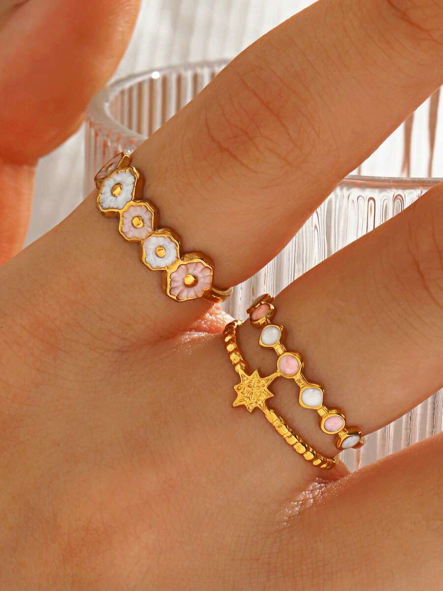 Set Cincin 2 Buah/Set Stainless Steel Berlapis Emas 18K dengan Desain Bintang & Bunga, Cocok untuk Pemakaian Sehari-hari dan Pesta Wanita