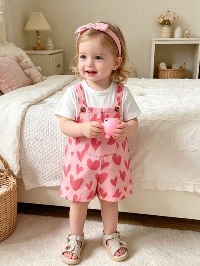 Cute Heart Print Strap Outfit For Baby Girls, Suitable For Spring/Summer - Adorable Heart Print Strap Shorts + Simple White Short Sleeve Top, 2pcs Set, Comfortable, Soft, Fashionable Baby Girl Outfit, Suitable For Daily Wear, Vacation, Party, Size 6-9M, 9-12M, 12-18M, 18-24M, 2-3Y