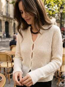 Áo khoác cardigan dài tay màu trắng dành cho nữ, dáng suông, thích hợp cho mùa thu/đông, kiểu dáng cổ điển. - Màu be - Xem 1