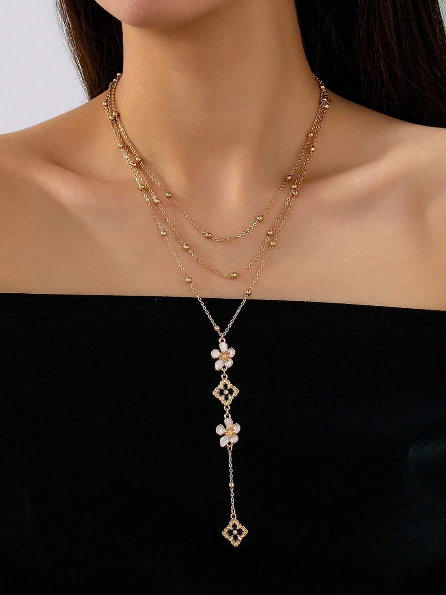 1 chiếc vòng cổ dài hình chữ Y đính hạt hình hoa may mắn, thích hợp cho phụ nữ đeo hàng ngày, hẹn hò và dự tiệc. - Vàng - Xem 1
