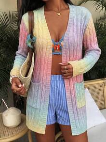 YEYUAN 女士新款彩虹网纱长袖开衫，柔软丝滑的羊毛混纺面料，带口袋，长款开衫，适合秋冬季休闲、度假、旅行和浪漫约会穿着。 - 彩色 - 查看 6