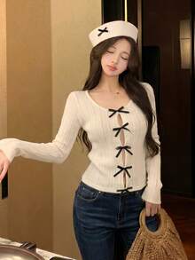 Nueva llegada Blusa de manga larga ajustada con parches de encaje y lazo sexy para primavera/verano - blanco lechoso - Ver 3