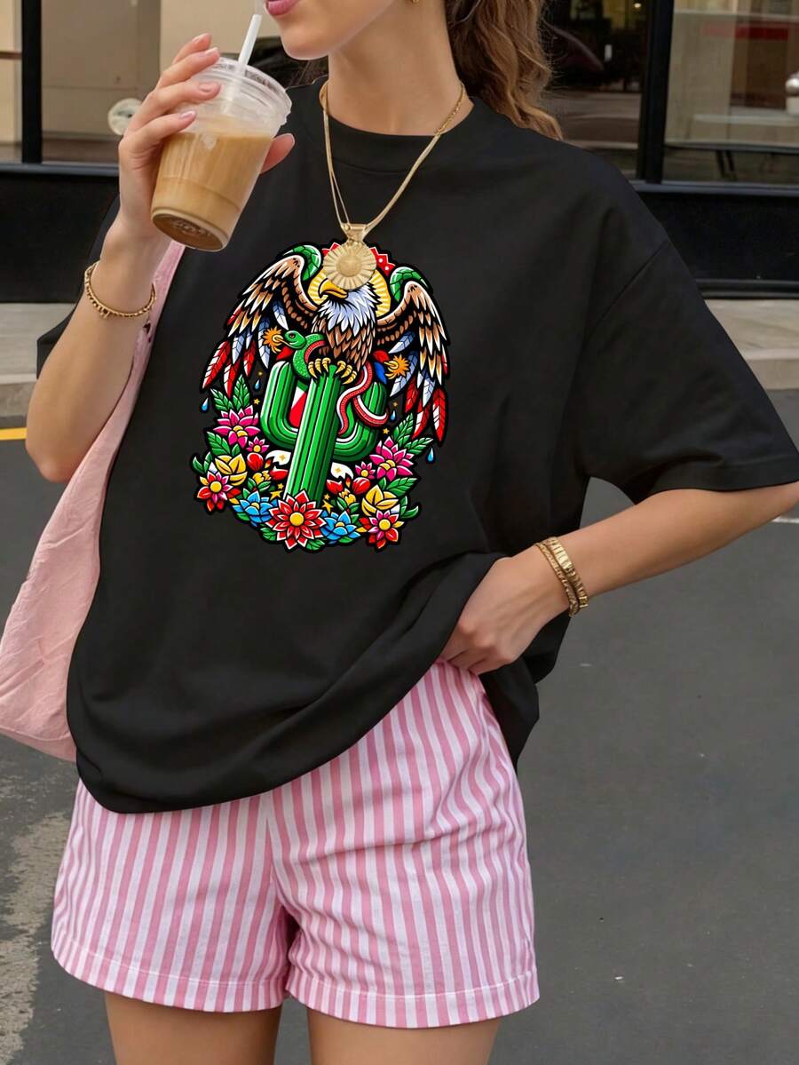 Camiseta Negra con Estampado de Águila y Cactus para Mujer Verano Casual - Negro - Ver 1