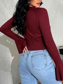 Cardigan Wanita Musim Gugur/Musim Dingin Elegan Rajut French Ribbed Lengan Raglan Flare Kancing Depan Pendek Cocok untuk Kantor, Perjalanan Sehari-hari, Makan Siang, dan Santai di Jalanan - Burgundy - View 6