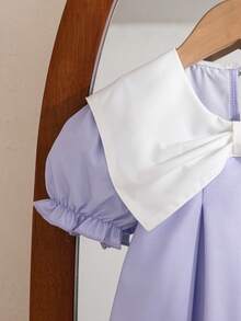 Young Girls Summer New Peter Pan Collar Bow Ruffle Cartoon Animal & Plant Print Casual Dress - Mauve Purple - View 5