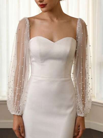 1 par de manguitos de novia de malla transparente con perlas desmontables, elegantes para fiestas, bodas, banquetes, lavar a mano solamente, talla grande
