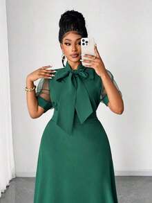 Women's Spring, Summer, And Autumn Net Puff-Sleeve Elegant Fitting Green Large A-Line Vacation Outfit Simple Commute Daily Wear Date Outfit Fashion Design Stylish New Essential Plus-Size Long Leisure Dress - trái cam - Xem 11