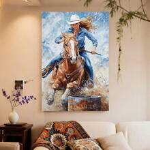 Con marco 1 Póster de Carrera de Barriles Vaquera Occidental - Escena Llena de Acción, Moderno para Decoración de Rancho en Sala, Dormitorio u Oficina - Arte Rodeo Detallado, Regalo Ideal para Aficionados al Equitación y Deportes del Oeste - Enmarcado - Ver 4