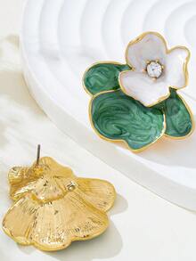 1 paire de boucles d'oreilles vintage bicolores en émail à fleurs de camélia, boucles d'oreilles de luxe à design délicat de niche - Vert - Voir 4