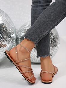 Summer New Round Toe Thin Strap Glass Rhinestone Slip-On Sandals, Casual Fashion Women's Flat Beach Vacation Party Slippers - Champagne - View 6