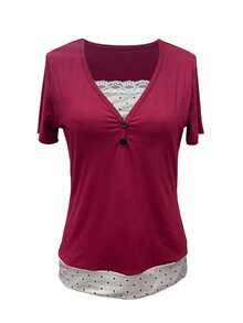 Women's Casual Commuter Colorblock Lace Button Short Sleeve Fitted T-Shirt, Summer - Burgundy - View 5
