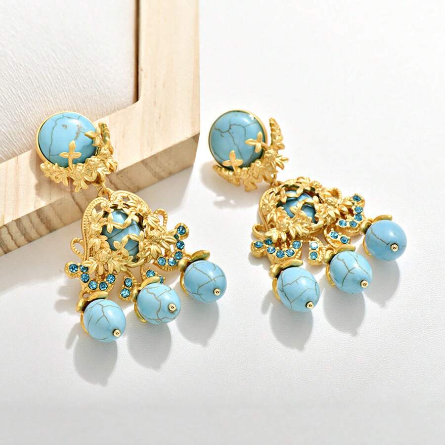 A Pair Of Vintage Retro Fashion Hollow Flower Turquoise Earrings, Palace-Style Light Luxury Natural Green Turquoise Tassel Earrings - 綠松石 - 查看 1