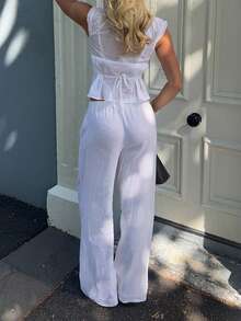 2pcs Solid Color Bohemian Casual Top With Drawstring Pocket & Flared Leg Pants Set, Women Summer Outfit For Daily, Date Night, Vacation White - White - View 2