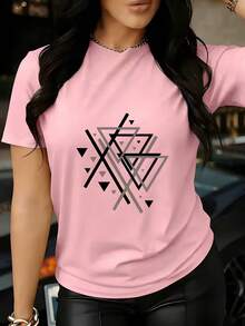 Camiseta de mujer de manga corta con cuello redondo, estampado geométrico en negro y gris con triángulos y líneas superpuestas estilo minimalista - PALO DE ROSA - Ver 1