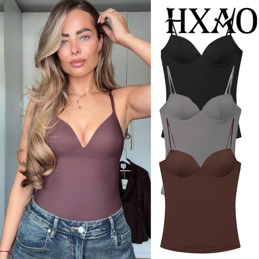 HXAO Woman Tops Corset Crop Top Women Sleeveless Black Brown Top With Straps Camisole Bodycon Backless Sexy Tops Bustier - 棕色 - 查看 1