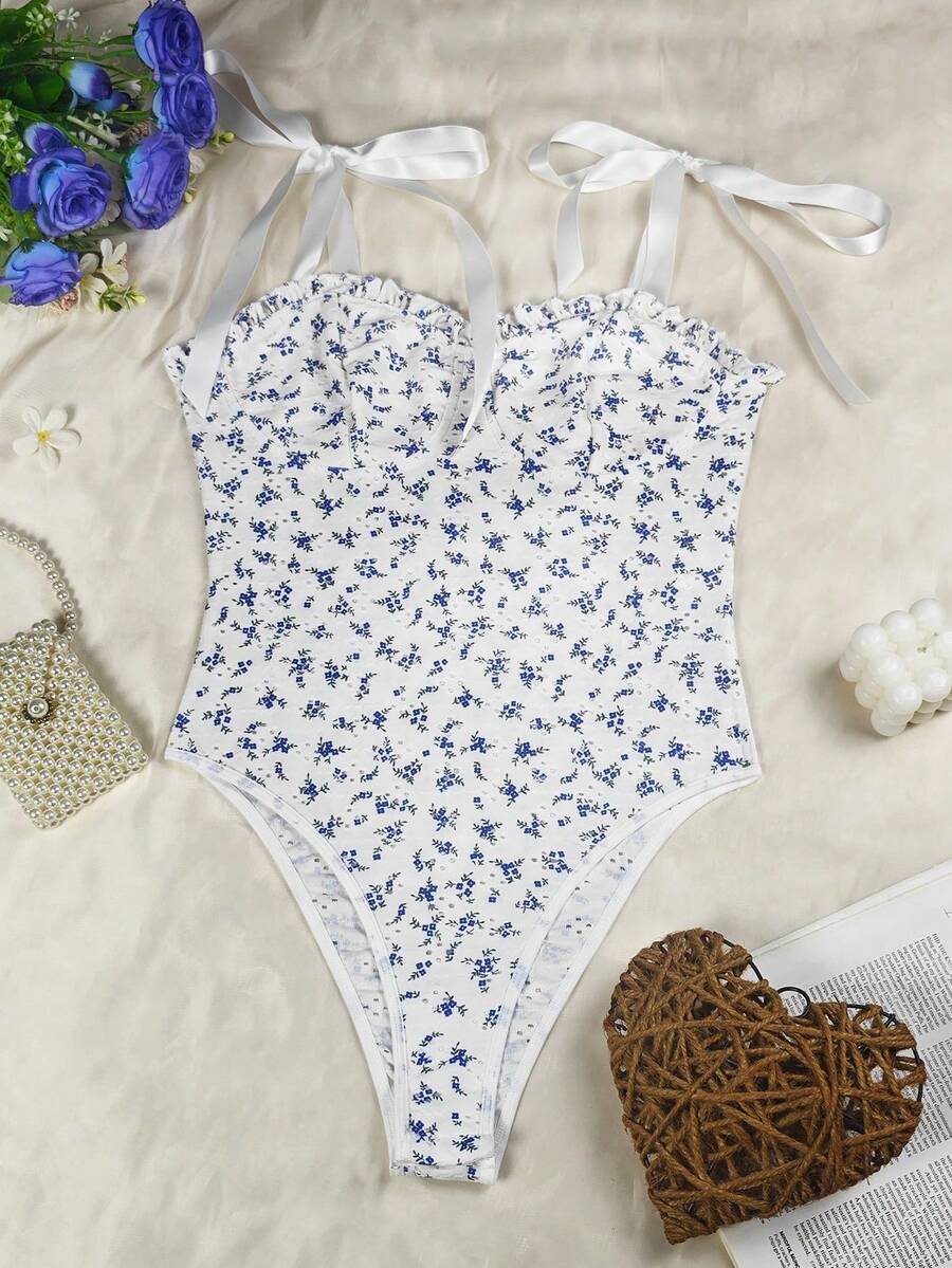 Blue Floral Ruffle Tie Strap Jumpsuit - Romantic Date, Vacation, Everyday Essential - White - View 1