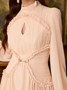 Elegant Women's Long Sleeve Stand Collar Dress With Ruffle And Frill Details - Apricot - View 7