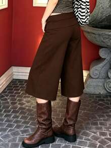 Women Fold Over Lounge Capris Casual Loose Fit Wide Leg Low Rise Cropped Flowy Gaucho Pants Comfy Yoga Coluttes Pajama Bottom - Dark Brown - View 4