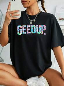 Geedup Women's Plus Size T-Shirt Oversized Graphic Short Sleeve 1 Pcs Tee Novelty 100% Polyester Shirt Casual Crew Neck Top 220g - 黑色 - 查看 1