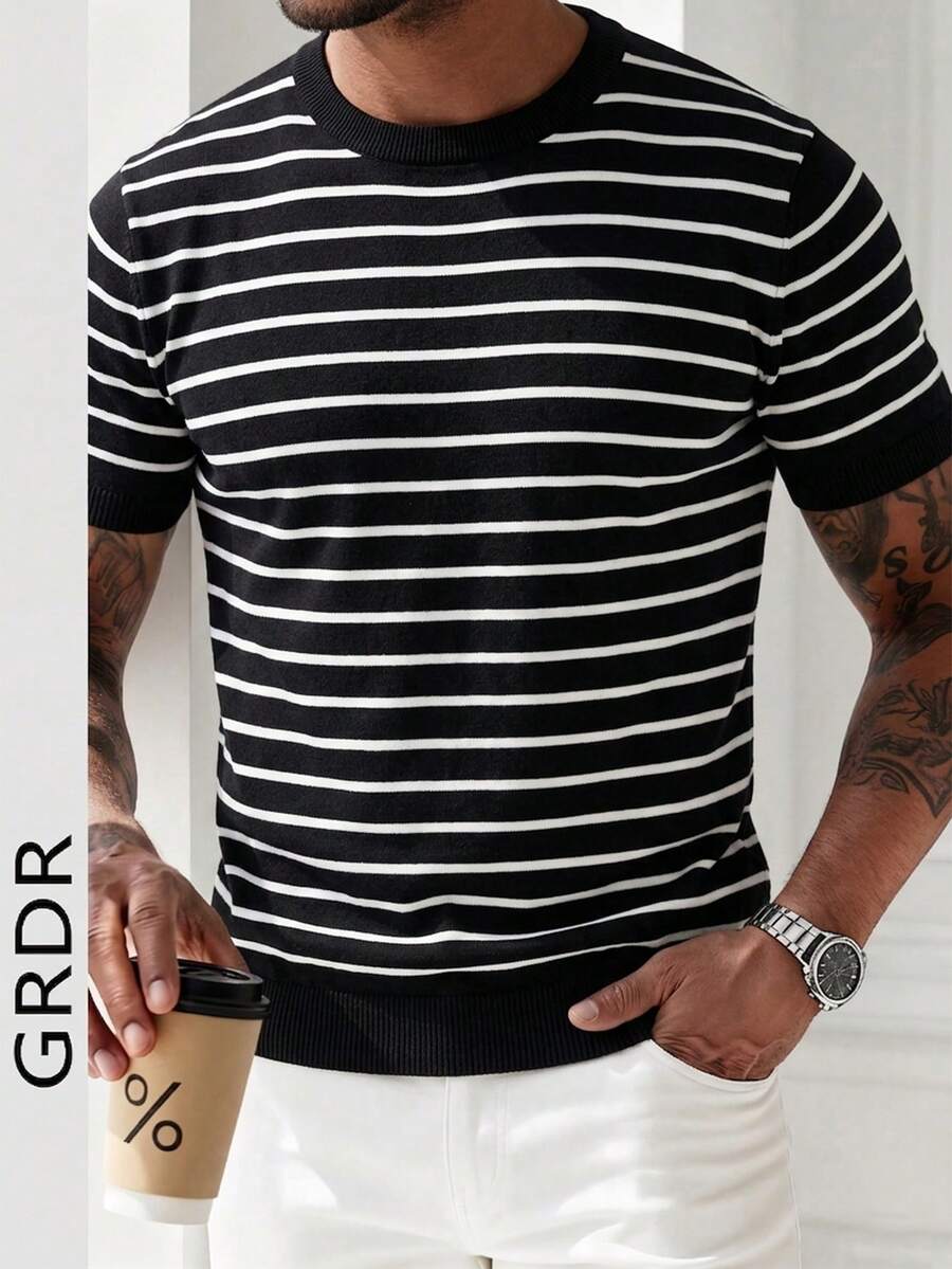 GRDR 1件男士夏季至初秋圆领条纹针织短袖衬衫，户外休闲装 - 黑色 - 查看 1