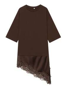 Women's Lace Patchwork Sleeveless Casual Tank Top, Women's Asymmetric Loose Short Sleeve T-Shirt, Street Style Women Clothing Summer - Coffee Brown - View 4