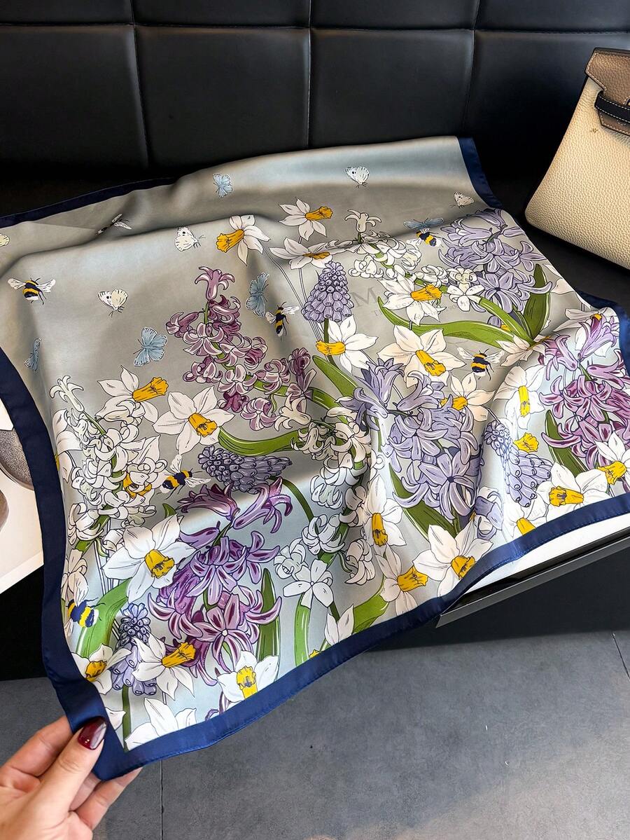 1件時尚復古花卉薄款防曬女款絲綢方巾,適合海灘、街頭、日常、度假、裝飾 - FG410-3 灰色 - 查看 1