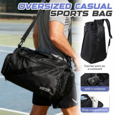 45L Extra Large Capacity Sports Gym Bag, Multifunctional Fitness Bag With Shoulder Strap, Shoe Compartment And Compass, Waterproof Travel Duffel Bag, Suitable For Men And Women, Can Be Used For Tennis, Hiking, Camping And Daily Use, Black