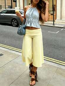 Women Fold Over Lounge Capris Casual Loose Fit Wide Leg Low Rise Cropped Flowy Gaucho Pants Comfy Yoga Coluttes Pajama Bottom - Light Yellow - View 4