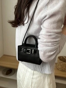 1件女士新款迷你时尚纯色优雅单肩包，配有肩带和金属扣装饰，休闲方形手提包，百搭奢华街头风斜挎包，适合购物、通勤、日常搭配，是女士日常使用的完美之选。 - 黑色 - 查看 4