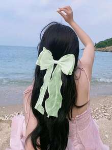 1pc Sweet Pink Princess Tulle Extra Large Bow Wave Ribbon Spring Clip, Elegant Soft Hairpin Hair Accessory For Spring, Claw Clips,Hair Clip,Birthday - Green - View 3