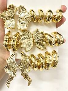 1-9 Piece Set Of Fashionable Gold Earrings For Women, Featuring C-Shaped, Crescent-Shaped, Maple Leaf-Shaped, Textured Fish-Tail-Shaped, And Geometric Earrings, Made From High-Quality Resin. Suitable For Various Occasions Such As Beach Vacations, Dinners, Parties, And Birthday Gatherings. The Design Is Stylish And Lightweight, Making It Also An Ideal Gift For Friends, Sisters, Family Members, Or Mothers. - Gold - View 7