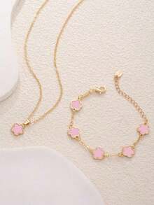 2pcs/Set, 1pc Pendant Necklace + 1pc Bracelet, Fashionable Luxury Personalized Minimalist Gold Star Flower Oval Jewelry Set, Suitable As Girlfriend, Wedding, Graduation, Date Gift - 粉色 - 查看 6